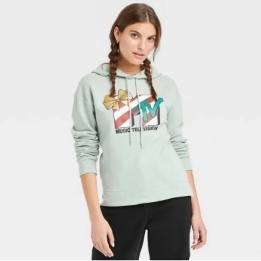 NWT MTV Women's Green Music Television Christmas Holiday Hoodie Sweatshirt Top